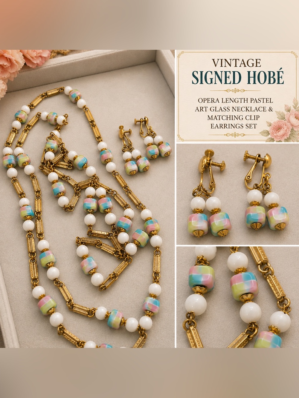 Vintage Signed Hobe Pastel Glass Bead Necklace & Clip Earrings - Gold Tone